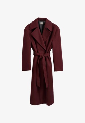 Burgundy wool coat with a long silhouette, wide notched collar, double-breasted front, and matching tie belt at the waist.