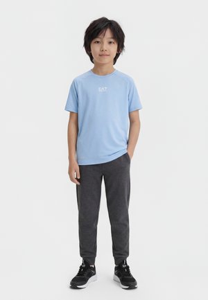 Ragazzo con capelli neri, in piedi di fronte, indossa una t-shirt EA7 azzurro chiaro, pantaloni da jogging grigio scuro e scarpe da ginnastica nere.