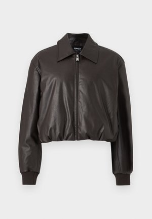 Brun cropped skinnjakke med en jevn tekstur, en bred krage, glidelås foran og ribbede mansjetter. Har en avslappet passform og minimalistisk design.