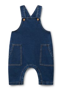 Pettorina in denim blu scuro con spalline regolabili, due tasche frontali e apertura gamba arrotondata. Presenta cuciture gialle a contrasto.