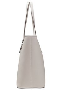 Sac fourre-tout gris clair au design structuré, fabriqué en matériau synthétique texturé, avec deux poignées et des accents minimalistes.