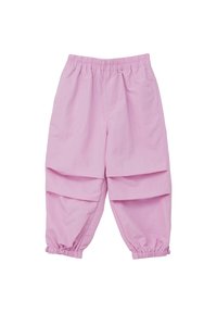 Pantalons rose clair à taille élastique avec une coupe décontractée, présentant des sections superposées et pliées ainsi que des poignets élastiques aux chevilles.