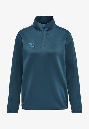 Tegen blauw fleece pullover met een hoge kraag, kwart rits, lange mouwen en een Hummel-logo op de borst. Gladde textuur en sportief ontwerp.
