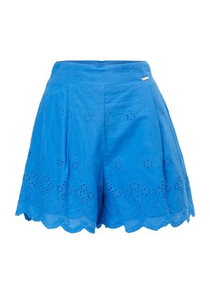 Blaue bestickte Shorts mit wellenförmigem Saum und floralen Cut-out-Mustern. Hergestellt aus leichtem Stoff, geeignet für warmes Wetter.