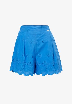 Blaue bestickte Shorts mit wellenförmigem Saum und floralen Cut-out-Mustern. Hergestellt aus leichtem Stoff, geeignet für warmes Wetter.