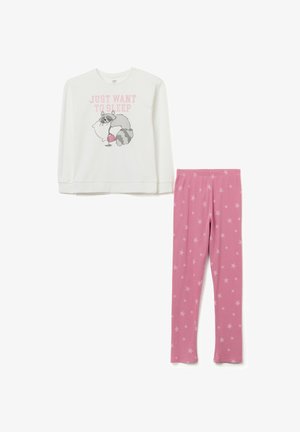 Long-sleeve white pajama top with raccoon graphic and pink text; paired with pink star-patterned leggings. Both made from soft, stretchable fabric.