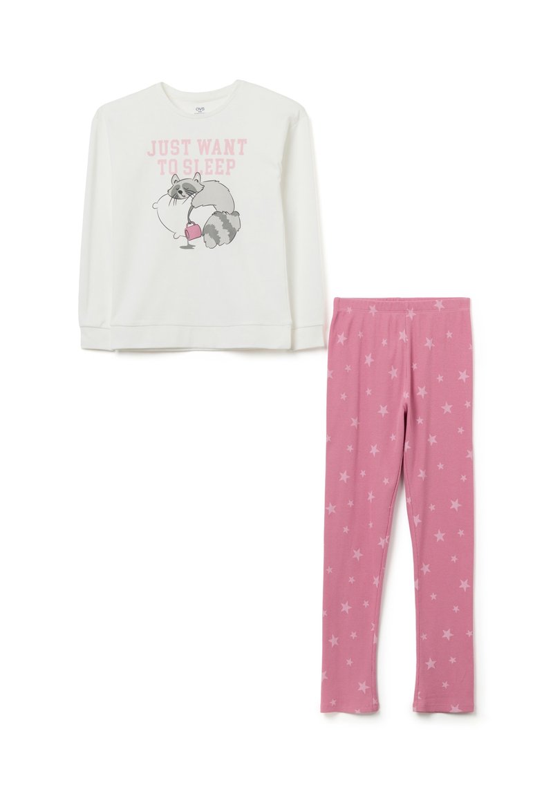 Long-sleeve white pajama top with raccoon graphic and pink text; paired with pink star-patterned leggings. Both made from soft, stretchable fabric.