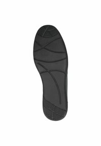 Zwarte rubberen schoenzool met een textuurpatroon voor grip en verhoogde groeven voor tractie, met een gladde, afgeronde neus.