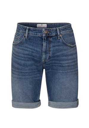Jeansshorts in mittlerem Blau mit einer verblassten Textur. Mit umgeschlagenen Säumen, fünf Taschen und einem vorderen Knopfverschluss. Einfaches und vielseitiges Design.