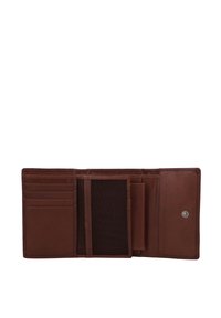 Portefeuille en cuir brun avec plusieurs emplacements pour cartes, un porte-ID en maille et une fermeture à pression. Texture lisse avec des détails de couture soignés.