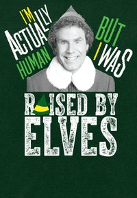 Tmavě zelené tričko s černobílým designem usměvavé postavy s kudrnatými vlasy, s textem "Jsem vlastně člověk, ale vychovali mě elfové."