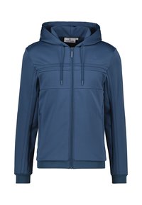 Giacca a zip con cappuccio di colore blu navy realizzata in tessuto leggero. Presenta pannelli laterali in rete, cappuccio con cordino e polsini elasticizzati. Logo sul petto.