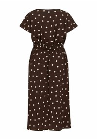 Καφέ μίντι φόρεμα με λευκές πουά, κοντά μανίκια, ελαστική μέση που σφίγγει και ίσια γραμμή στο τελείωμα.