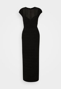 Robe de soirée noire avec des manches courtes, un corsage texturé et une silhouette ajustée. Comprend des rayures horizontales et une fermeture éclair au dos.
