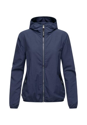 Mørkeblå letvægtsjakke med hætte, frontlynlås og to sidelommer. Glat tekstur, elastiske manchetter og et minimalistisk design.