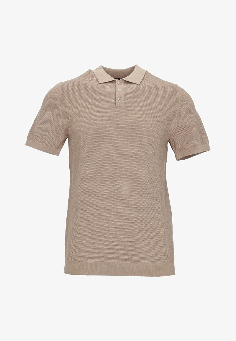 Polo beige à manches courtes avec un design en maille texturée, patte de boutonnage à trois boutons et col contrastant. Tissu lisse et coupe ajustée.