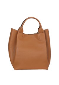 Tan leather tote bag with a structured shape, rounded handles, and minimalist design. Features a textured surface and no visible hardware.