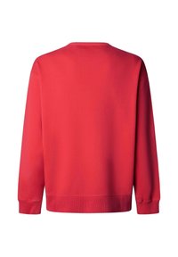 Rdeč pulover z dolgimi rokavi in okroglim izrezom, izdelan iz mehke tkanine. Ima rebraste manšete in spodnji rob, gladko teksturo ter brez grafičnih ali vzorčnih elementov.