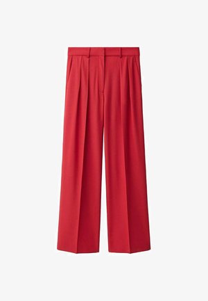 Red, high-waisted, pleated wide-leg pants made of smooth fabric. Features belt loops and a front zip closure. Classically tailored design.