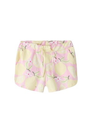 Różowe szorty z elastycznym pasem, z nadrukiem żółtych cytryn i białych kwiatów, z regulowanym sznurkiem z przodu i bocznymi kieszeniami.