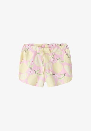 Rosa Shorts mit elastischem Bund, bedruckt mit gelben Zitronen und weißen Blumen, vorne mit Kordelzug und Seitentaschen.