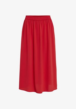 Rød, knælængde nederdel lavet af letvægtsstof med elastisk talje og flydende design. Glat tekstur uden synlige mønstre eller accenter.
