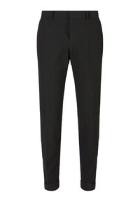 Czarne spodnie w paski z dopasowanym krojem, slim fit, z szlufkami na pasek i podwiniętymi nogawkami. Wykonane z gładkiego materiału o subtelnym połysku.