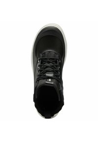Black leather and mesh high-top sneaker with a white rubber sole, featuring black laces, a front logo tag, and a padded ankle collar.