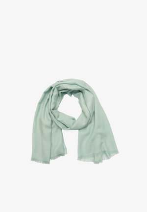 Mintgroene sjaal van lichtgewicht stof, met een gladde textuur en franjes aan de randen. Losjes in een cirkelvorm gedrapeerd.