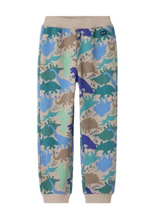Katoenen joggerbroek met een meerkleurige dinosaurusprint in blauw, groen en bruin. Ontworpen met een elastische tailleband en boorden.