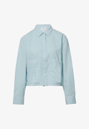 Lichtblauw overhemd met lange mouwen, knoopsluiting, kraag en twee voorzakken, cropped zoom en subtiel gestructureerde stof.
