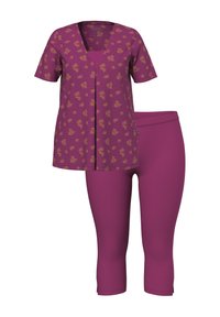 Blusa morada con estampado, de mangas cortas y escote en v, combinada con leggings capri en morado sólido. Tejido suave y corte relajado.