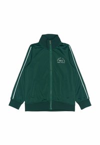 Giacca sportiva verde con colletto alto, strisce bianche sui lati, chiusura con zip e testo stampato "COUCH CLUB NO1 SNACK ATHLETE." Tessuto liscio.