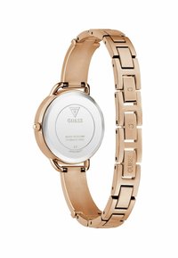 Reloj de acero inoxidable en color oro rosa con esfera redonda, pulsera de eslabones y un fondo de caja transparente que muestra el logo de la marca y detalles de resistencia al agua.