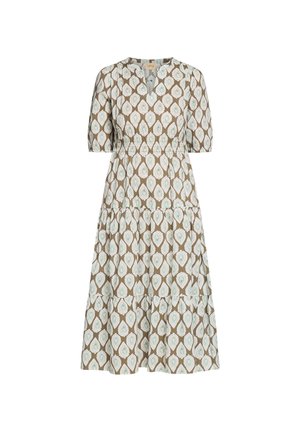 Midi-kjole med albuelange ærmer, V-hals, indsnævret talje og trappet nederdel i beige med hvidt og lyseblåt bladmønster.