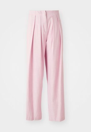 Pink pleated trousers featuring a tailored design, made from lightweight fabric with a smooth texture and wide-leg cut.
