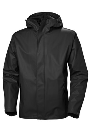 Black waterproof jacket with a front zipper, adjustable hood, and smooth texture. Features long sleeves and snap cuffs for a secure fit.