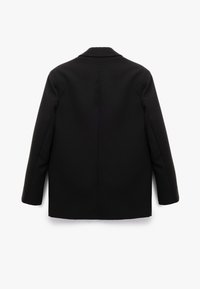Sort struktureret frakke med klapkrave, lange ærmer og lige ryg. Glat tekstur, minimalistisk design, ingen synlige lukninger.