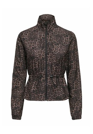 Langærmet jakke med leopardprint, høj krave, lynlås foran og justerbar snøre i taljen, elastiske manchetter, brun og sort mønster.