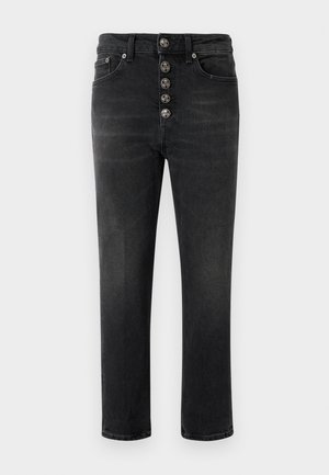 Jeans in denim nero con vita alta, chiusura a cinque bottoni, sbiaditure sottili e gambe dritte standard. Presenta passanti per cintura e tasche laterali.