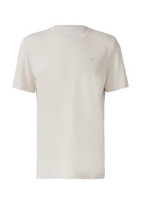 Korte mouwen t-shirt van lichtbeige katoen. Klassieke ronde hals, zachte textuur, met een subtiele logo op de borst. Eenvoudig en veelzijdig ontwerp.