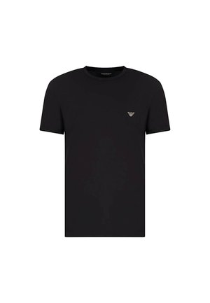T-shirt nera a maniche corte in cotone, con colletto rotondo e un piccolo logo ricamato in oro sul lato sinistro del petto.