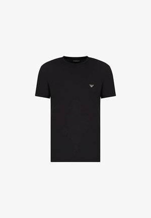 T-shirt nera a maniche corte in cotone, con colletto rotondo e un piccolo logo ricamato in oro sul lato sinistro del petto.