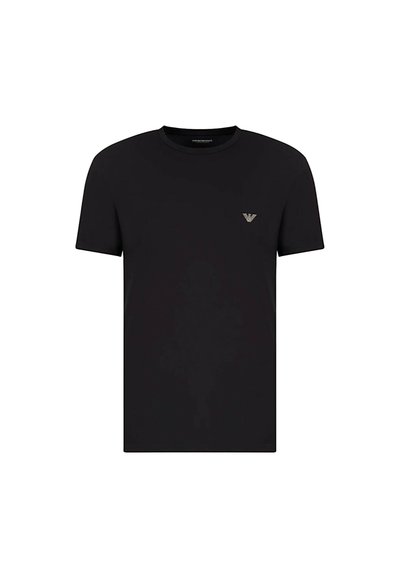 T-shirt nera a maniche corte in cotone, con colletto rotondo e un piccolo logo ricamato in oro sul lato sinistro del petto.