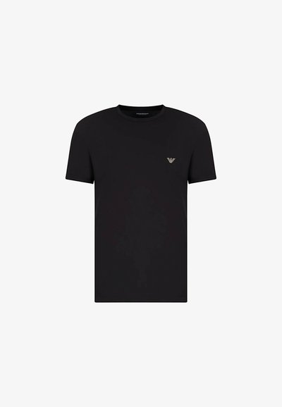 T-shirt nera a maniche corte in cotone, con colletto rotondo e un piccolo logo ricamato in oro sul lato sinistro del petto.