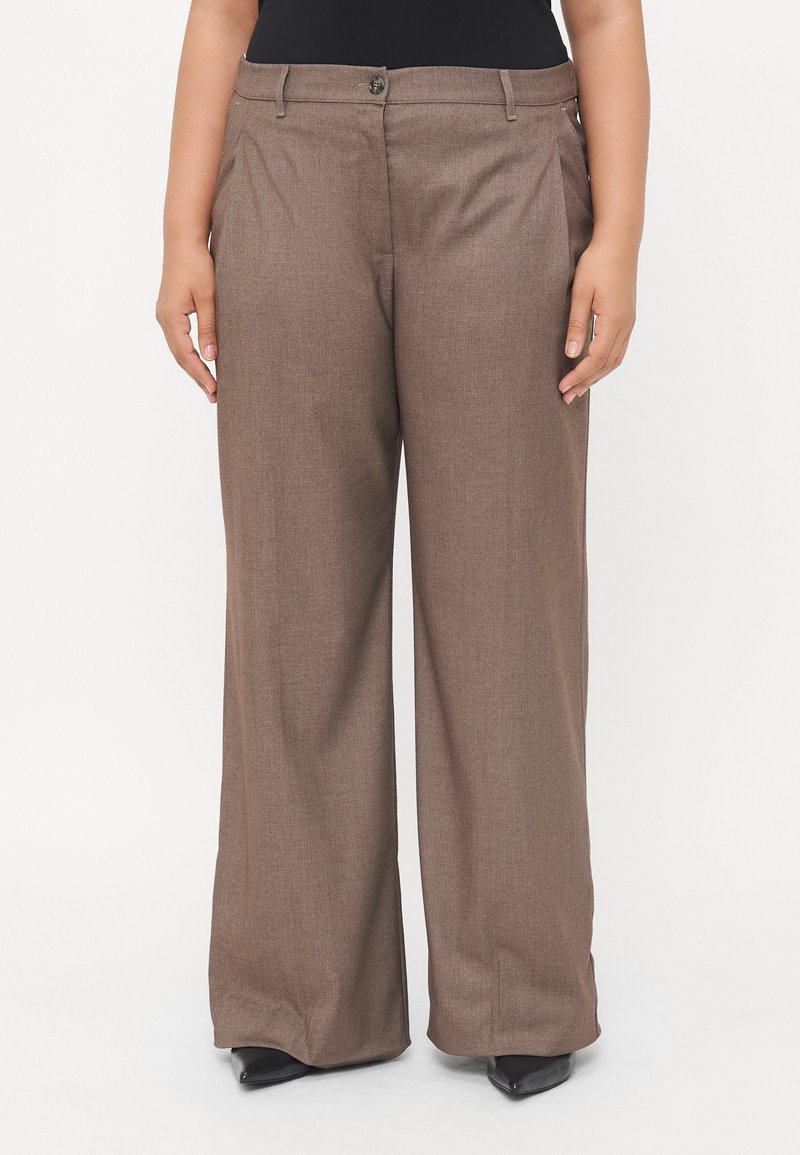 Brown wide-leg trousers made from textured fabric, featuring a button closure and front pleats for added detail. Tailored fit.