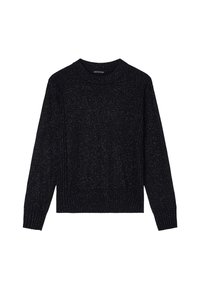 Zwarte lange mouw crewneck trui met fijne zilveren metallic draden en geribde manchetten en boord, plat neergelegd op een witte achtergrond.