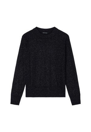 Zwarte lange mouw crewneck trui met fijne zilveren metallic draden en geribde manchetten en boord, plat neergelegd op een witte achtergrond.