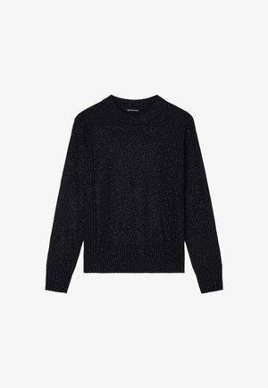 Maglione a maniche lunghe nero con scollo rotondo, rifinito con sottili fili metallici argento e polsini e orlo a costine, posato su uno sfondo bianco.