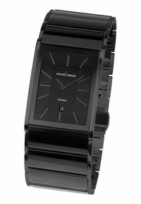 Schwarze Keramikuhr mit rechteckigem Gehäuse, minimalistischer Design, silbernen Stundenmarkierungen und einem Datumsdisplay am unteren Rand. Gebürstete Oberfläche.